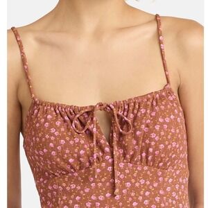 Ditsy Floral Y2K Vibe Maxi Dress Sz S Cinnamon Brown Pink Flowers Tie Front NWT